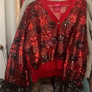 QUEEN OF SPARKLES Red Black Sequin Feather Cardigan